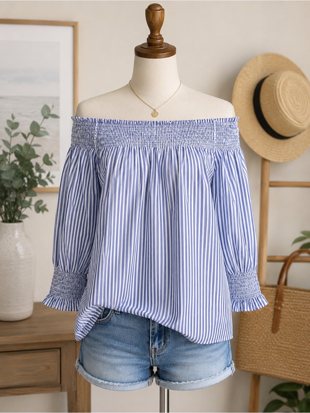 Blue White Striped Off Shoulder Smocked Peasant Blouse Size Medium